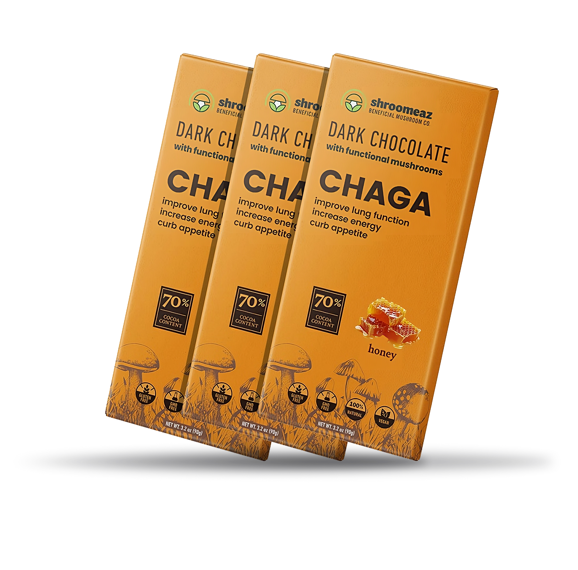 Shroomeaz Functional Mushroom Chocolate Bar with Chaga - Vegan - 70% Dark Chocolate - Only 3g of Added Sugar, 3 Count